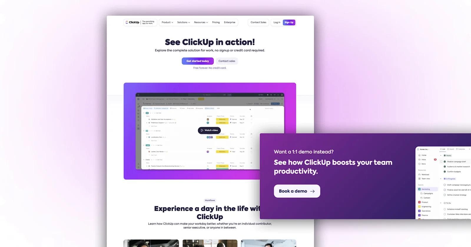 ClickUp - Demo page ClickUp website showcasing features with a demo invitation and task management interface displayed on a screen.