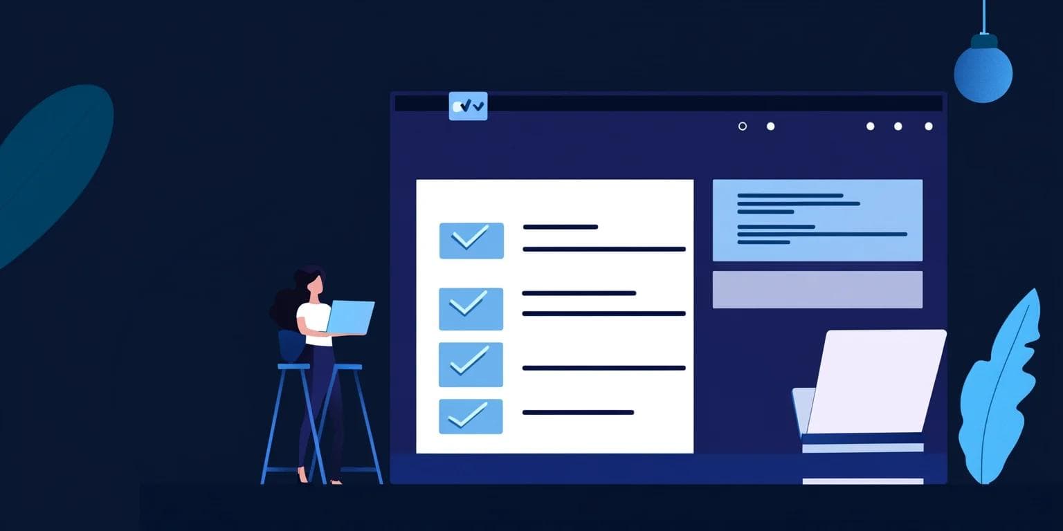 A woman stands by a large screen displaying a checklist and text, working on a laptop in a modern workspace.