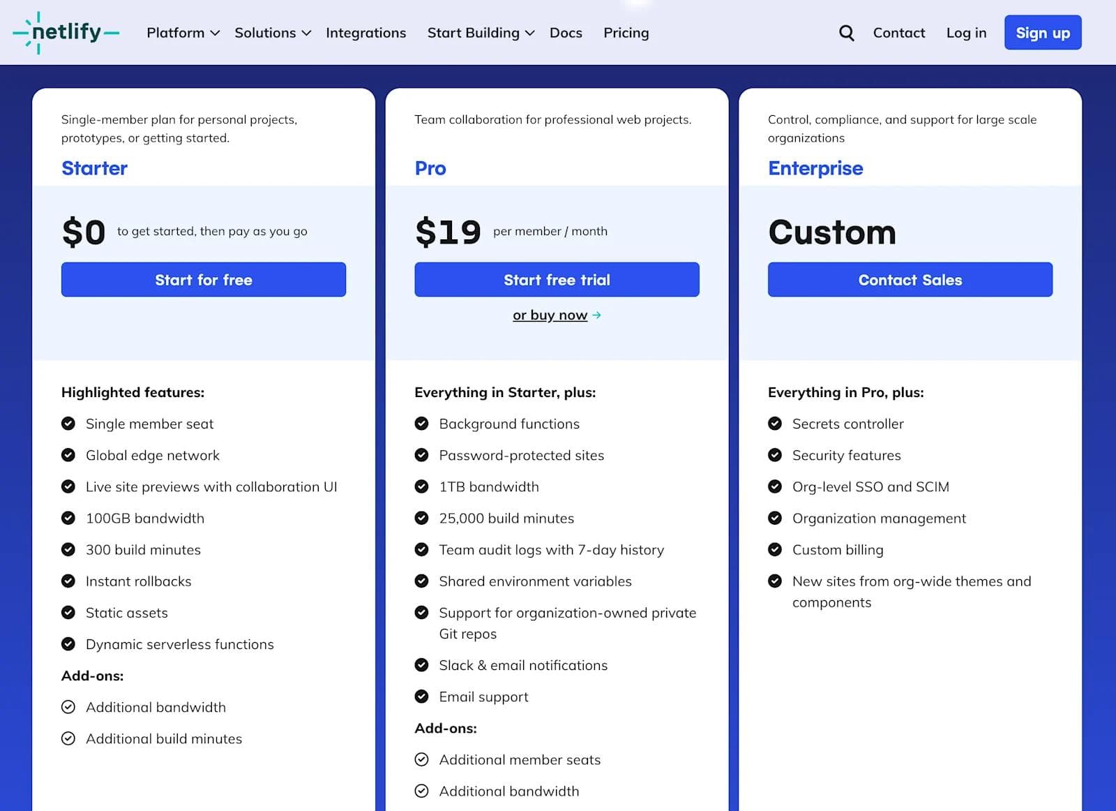 netlify-pricing Netlify pricing overview: Starter, Pro, and Enterprise plans with features and pricing details.