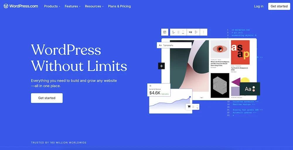 wordpress WordPress.com homepage featuring vibrant blue background, call to action, and tools for website building and growth.