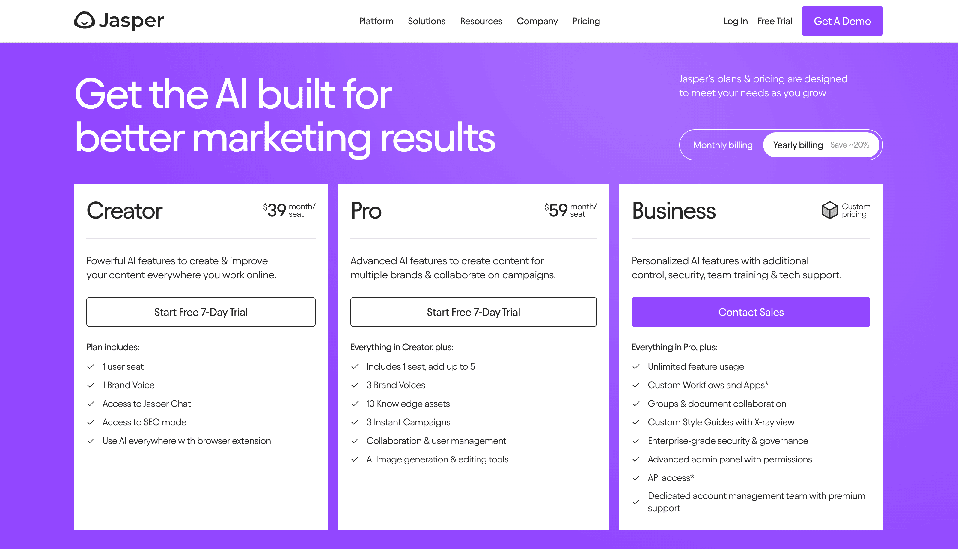 Pricing plans for Jasper's AI marketing tool: Creator, Pro, and Business options with various features listed.