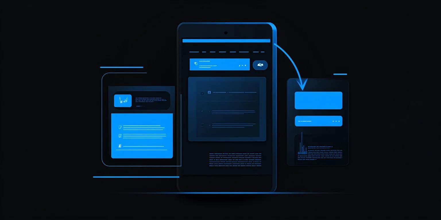 Three mobile devices display user interface designs in blue on a dark background, with connection arrows indicating interaction.