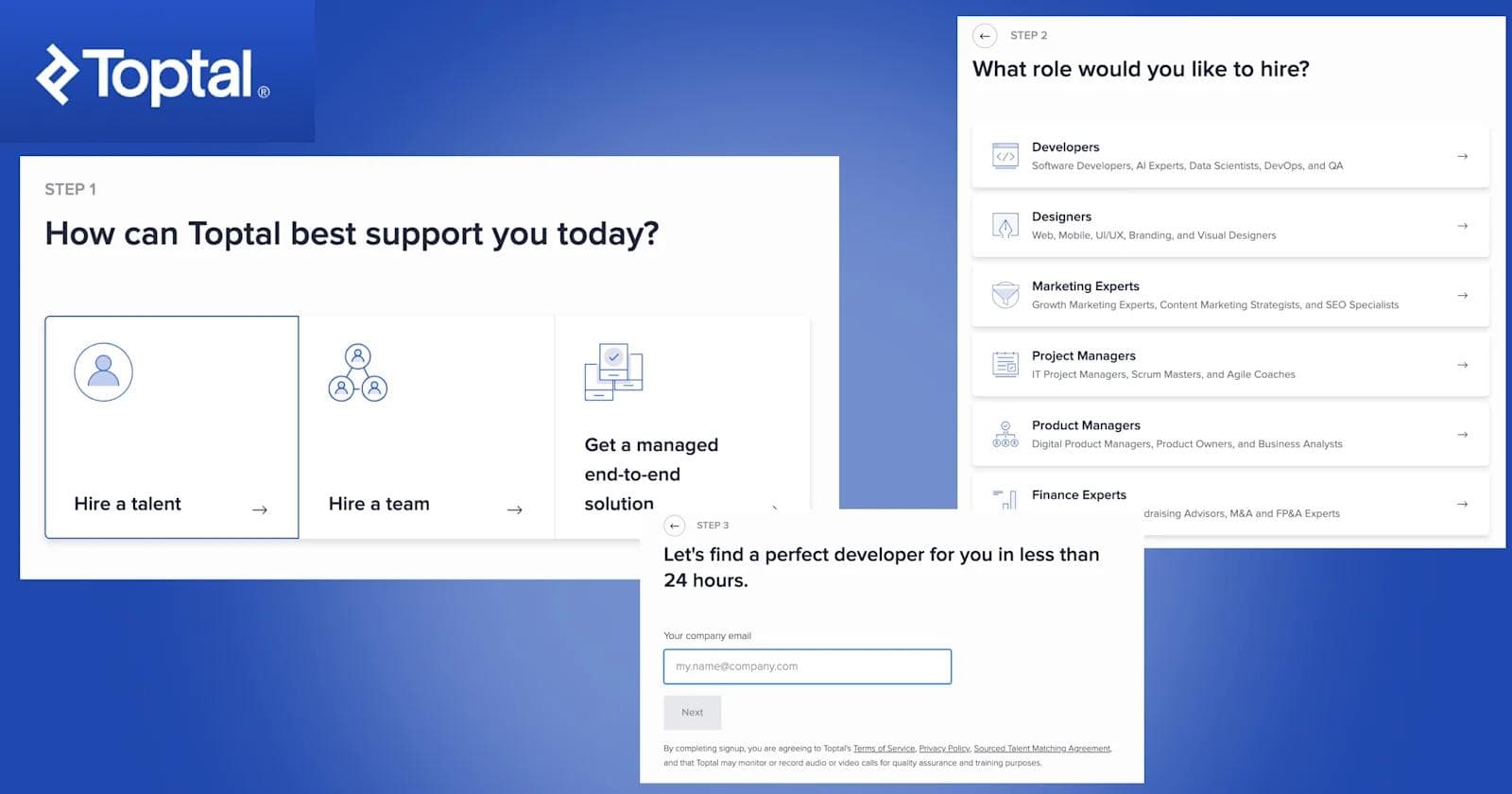 Toptal Form Toptal hiring interface showcasing options for talent, teams, and roles like developers, designers, and project managers.