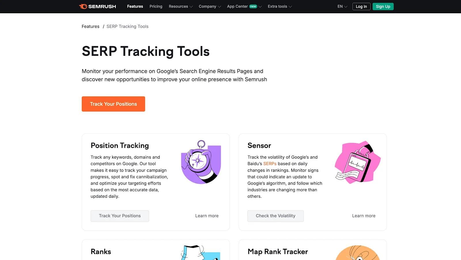 semrush-features SEMrush SERP Tracking Tools webpage showcasing features like position tracking and sensor for tracking search rankings.