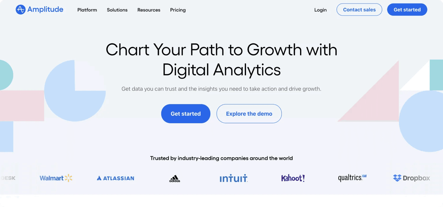 amplitude homepage Homepage of Amplitude showcasing digital analytics with calls to action and logos of trusted companies.