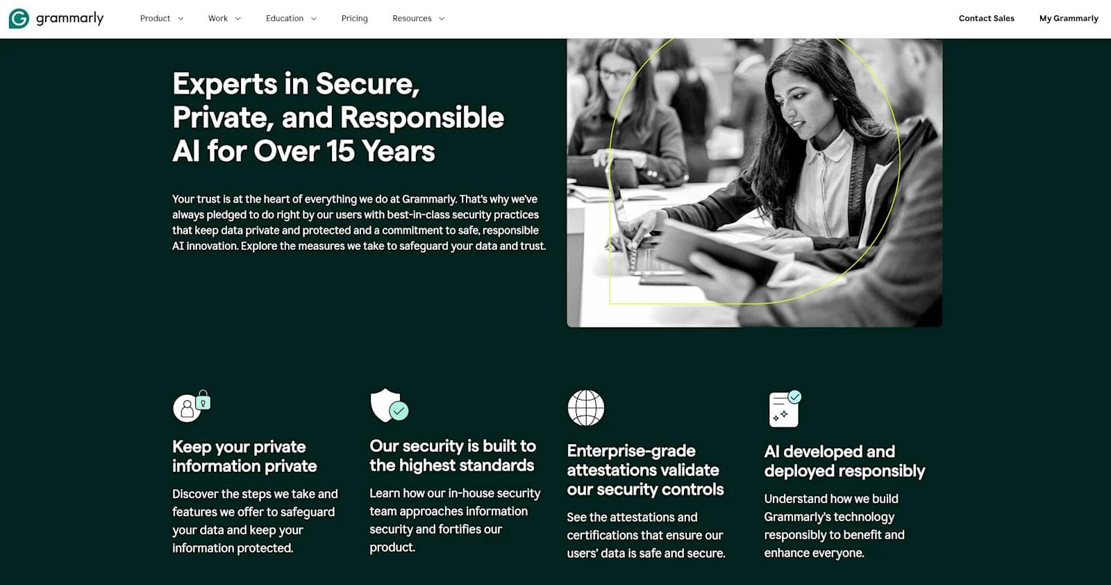 grammarly trust center Grammarly's website emphasizes security, privacy, and responsible AI, showcasing their commitment to user trust.