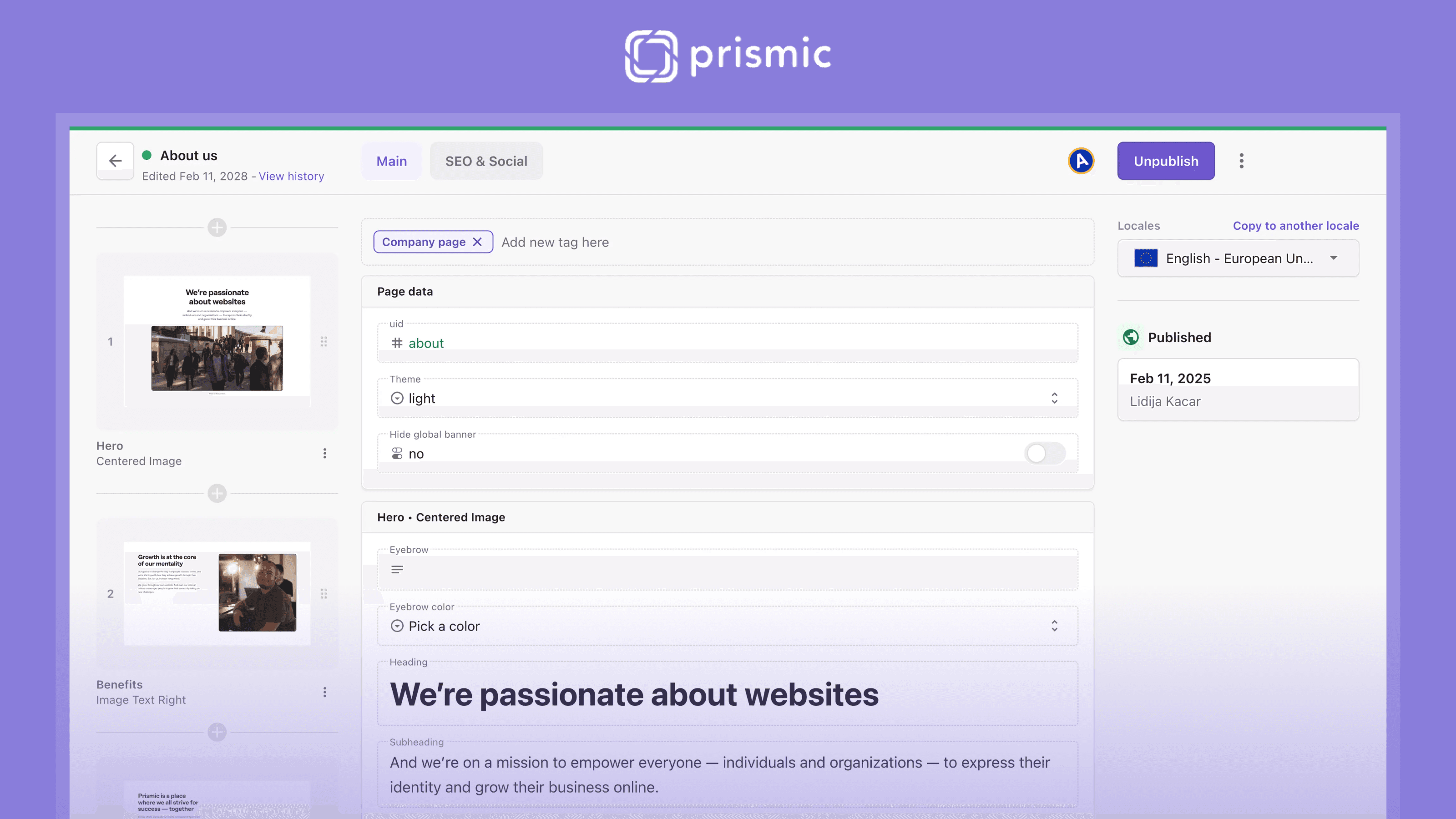 Prismic CMS product UI header image