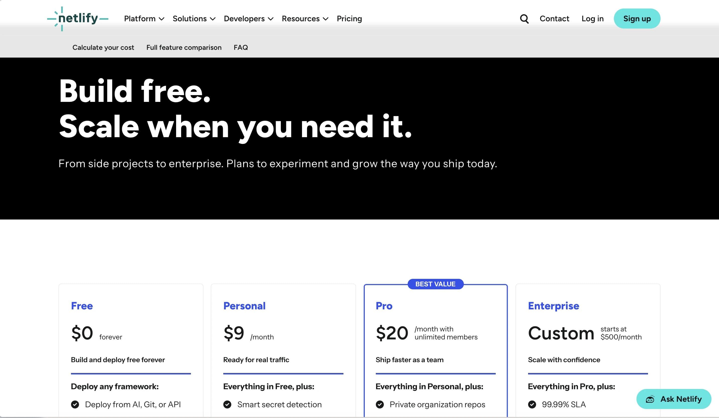 Netlify pricing page