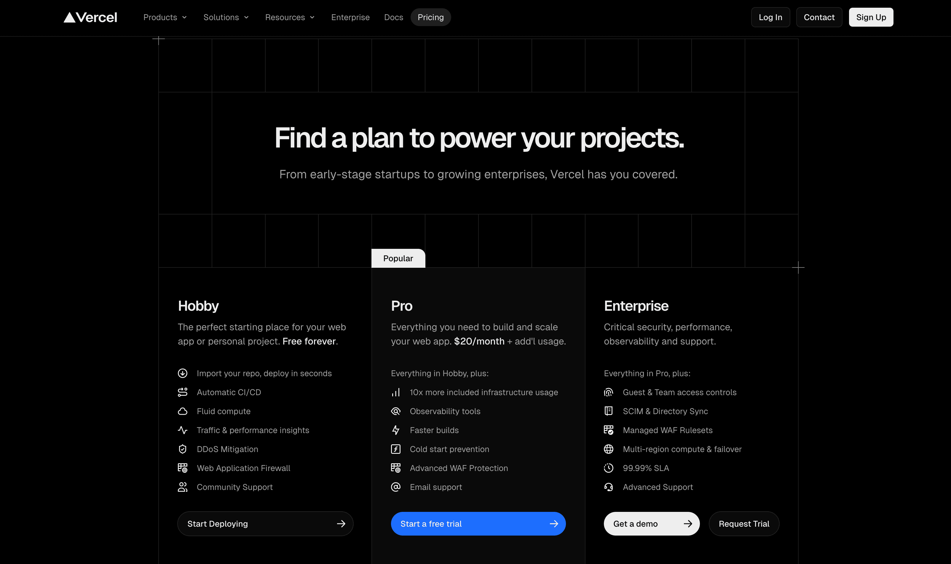 Pricing plans for Vercel services, highlighting Hobby, Pro, and Enterprise options with features and trial offers.