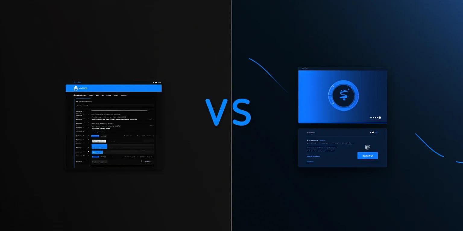 Comparison of two website interfaces, one dark and one blue, with "vs" text positioned centrally.