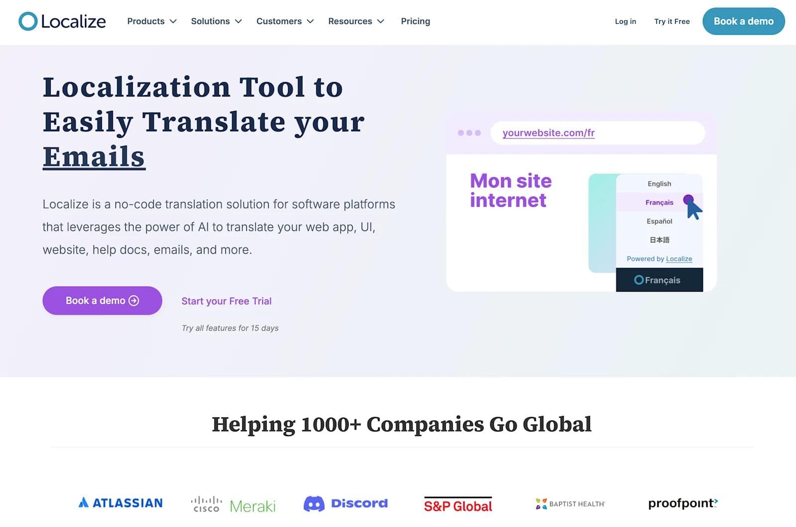 localizejs Localization tool homepage showcasing email translation and multilingual support features.