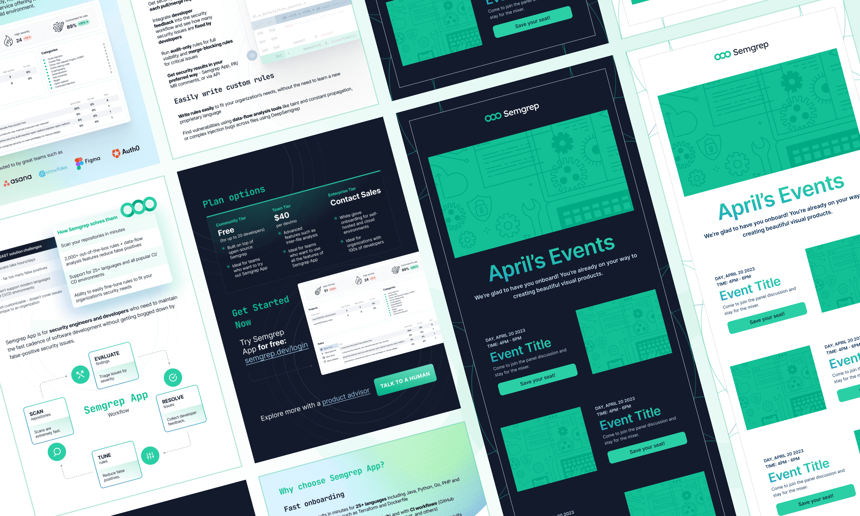 Collage of Semgrep promotional materials featuring event details, pricing plans, and a user-friendly interface design.