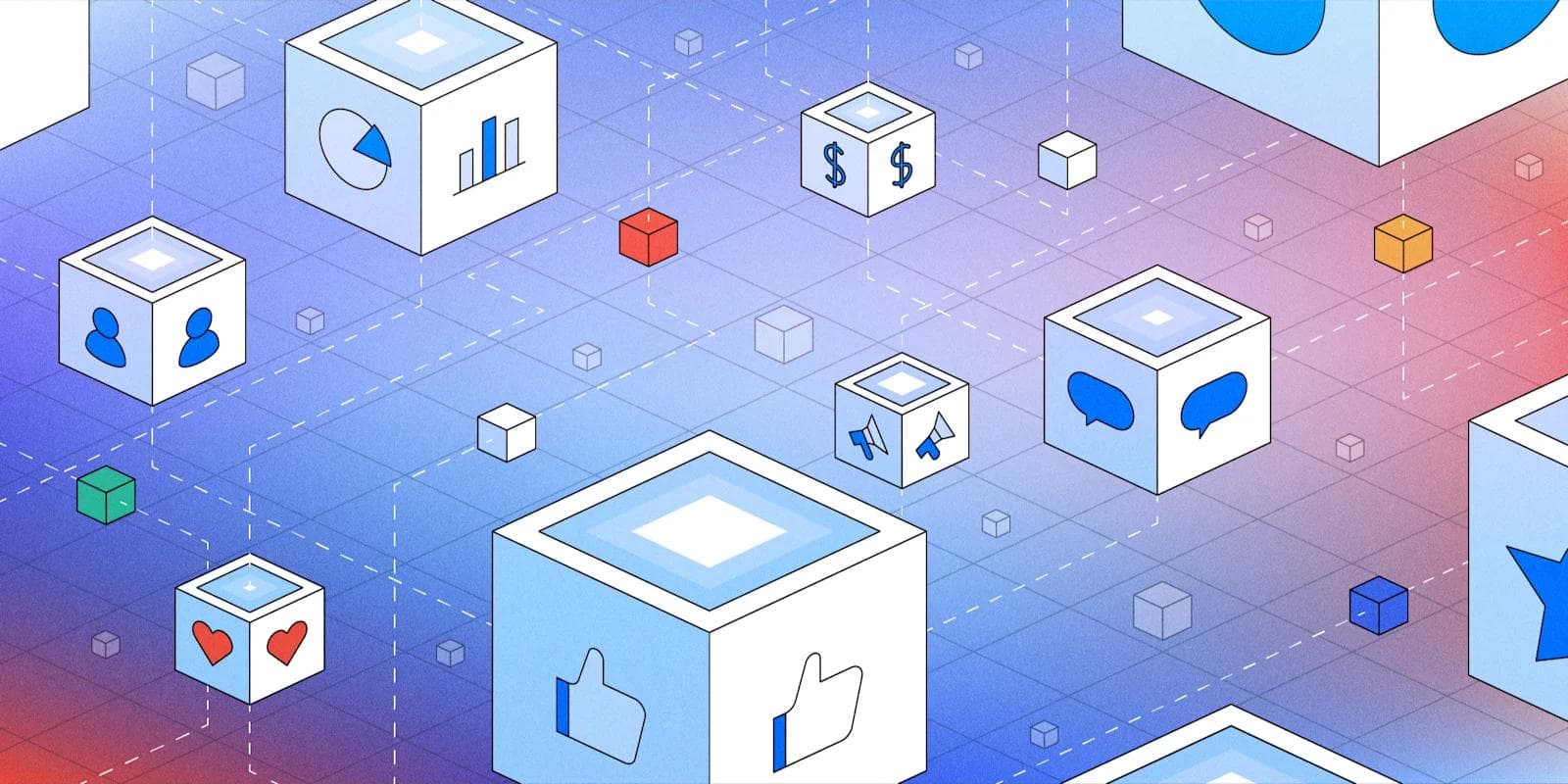 Illustration of diverse blocks representing social media functions over a gradient background of blue and red.
