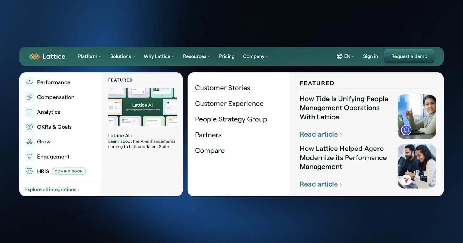 Lattice nav menu Lattice website interface showcasing features, customer stories, and articles on performance management solutions.