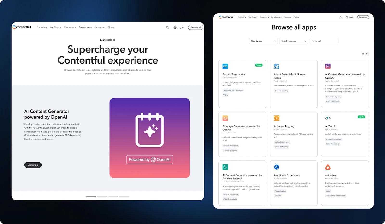 contentful integrations Contentful marketplace showcasing AI-powered content generation tools and apps for streamlined workflow enhancement.