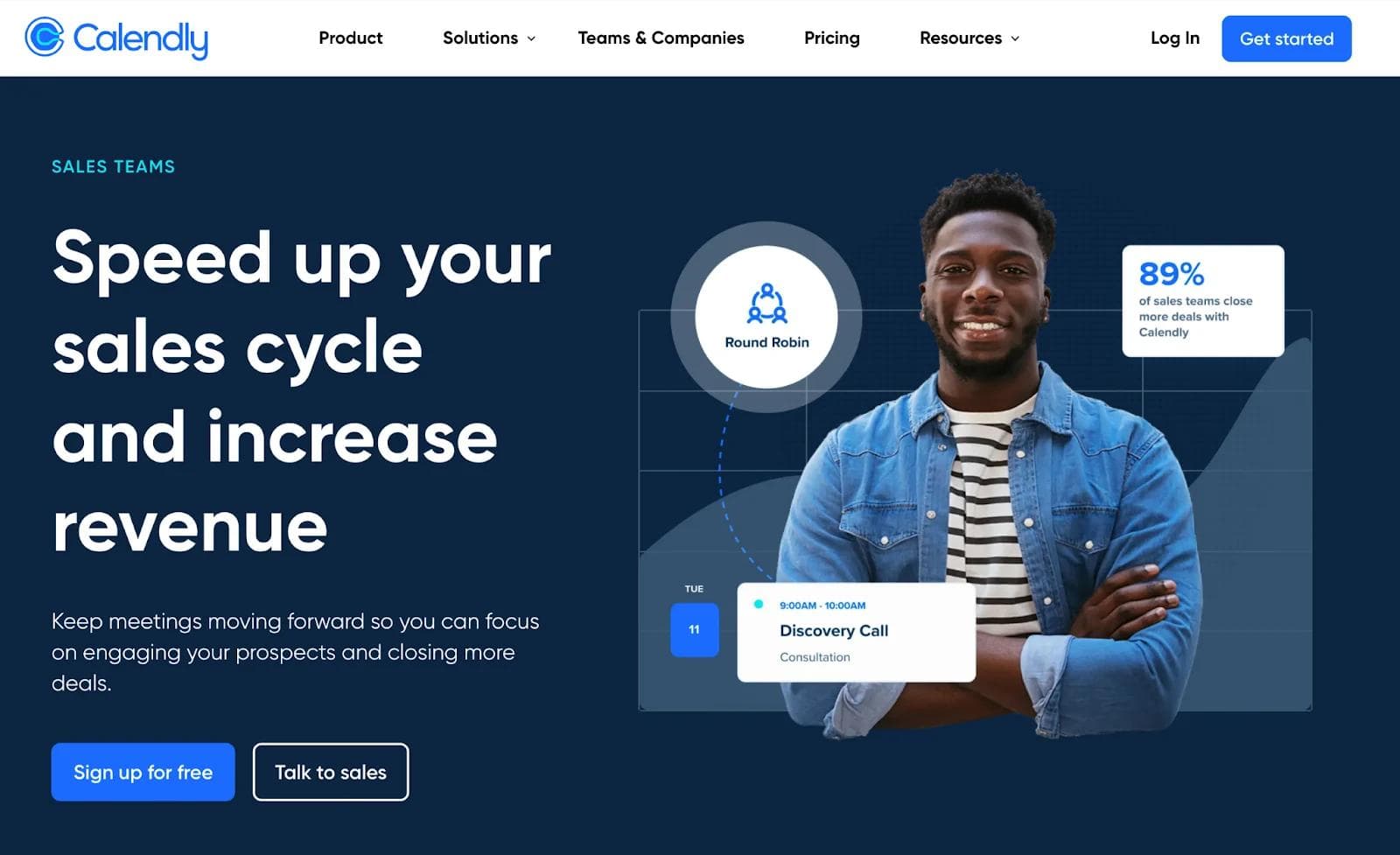 calendly-sales-solutions-page Sales graphic for Calendly, highlighting increased efficiency and revenue with a smiling man and appointment details.