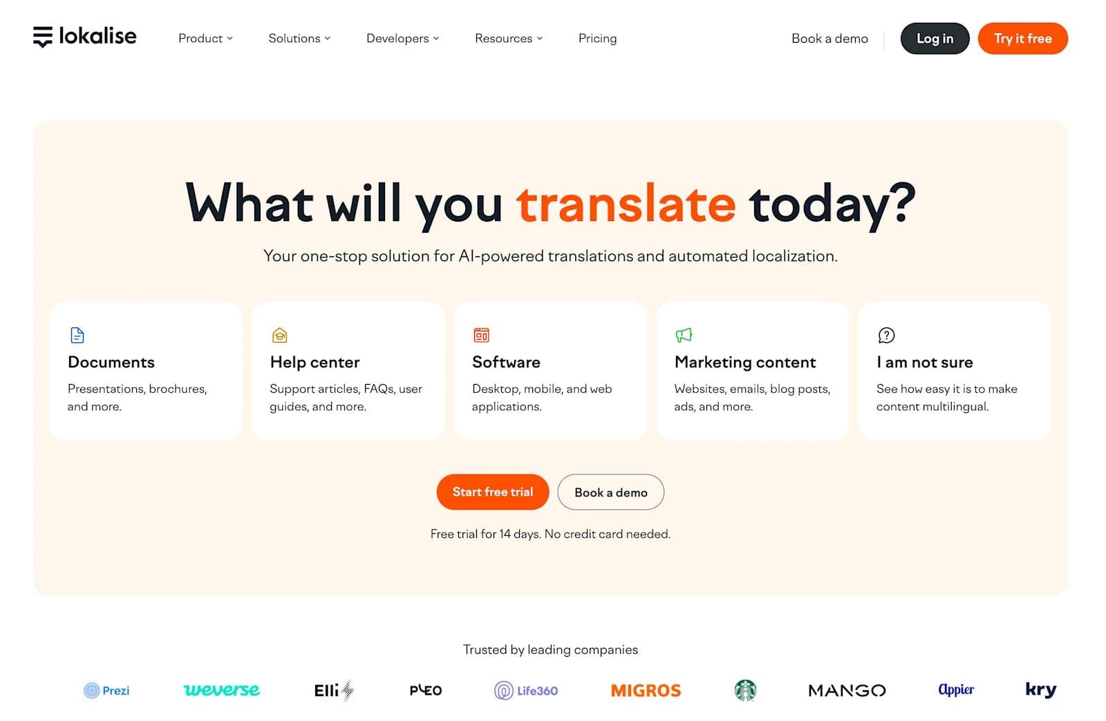 lokalise Lokalise webpage promoting AI-powered translation and localization services, featuring options for documents and marketing content.