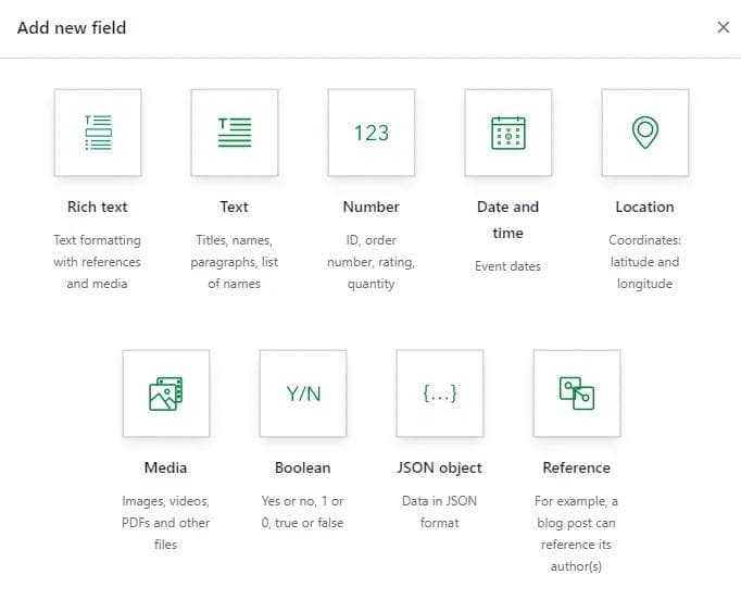 Contentful field examples A list of fields that can be added to content types to build a content model in Contentful.