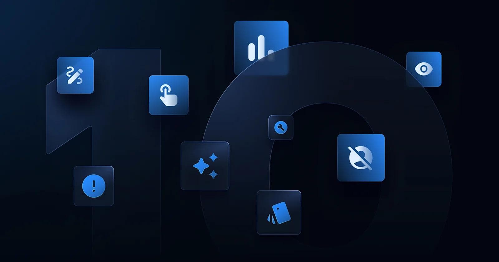 Abstract graphic featuring a large "10" with various blue app icons on a dark background.