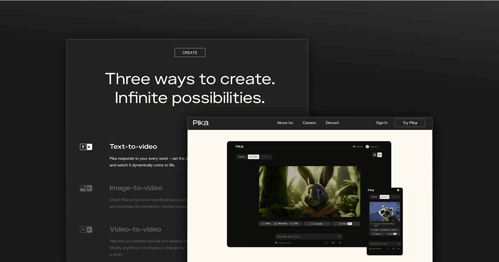 Pika-website Pika website interface showcasing text-to-video, image-to-video, and video-to-video creation options.