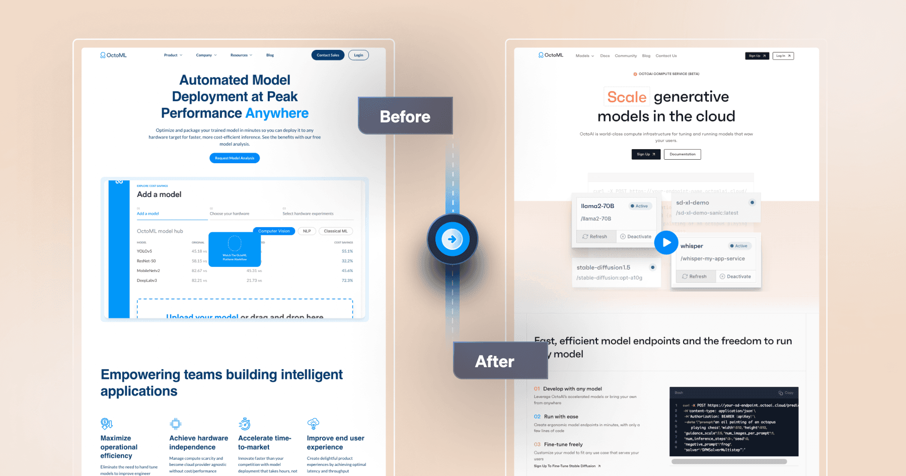 Before-and-after comparison of an OctoML webpage redesign, showcasing improved user interface and features.