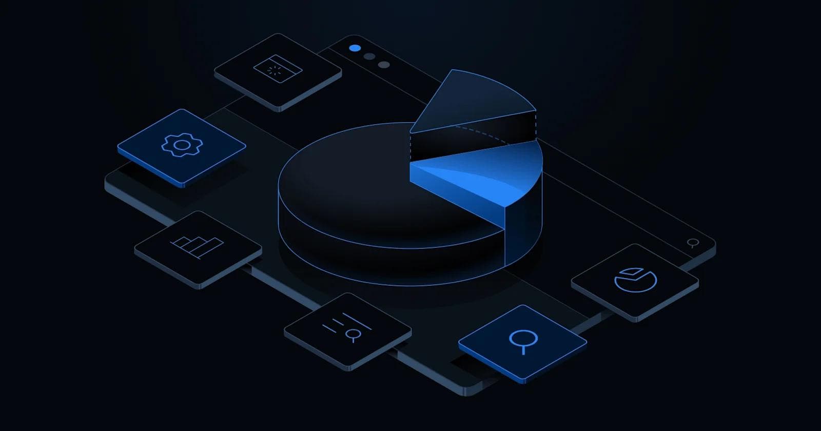 B2B Website Metrics You Need to Be Tracking in 2024 A 3D pie chart on a dark background with various data icons surrounding it, emphasizing analytics and visualization.