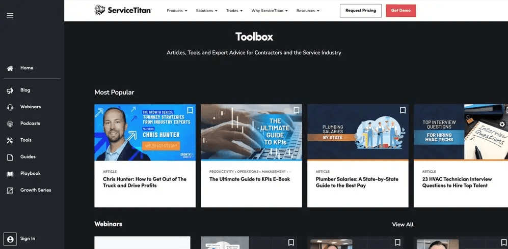 ServiceTitan toolbox page featuring articles, webinars, and tools for contractors and service industry experts.