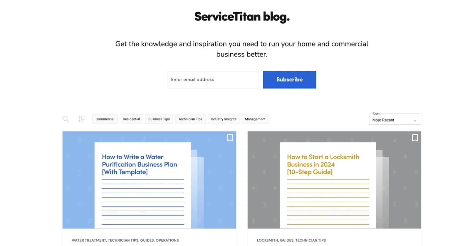 ServiceTitan-blog-design-example ServiceTitan blog homepage featuring articles on business planning for water purification and locksmith services.