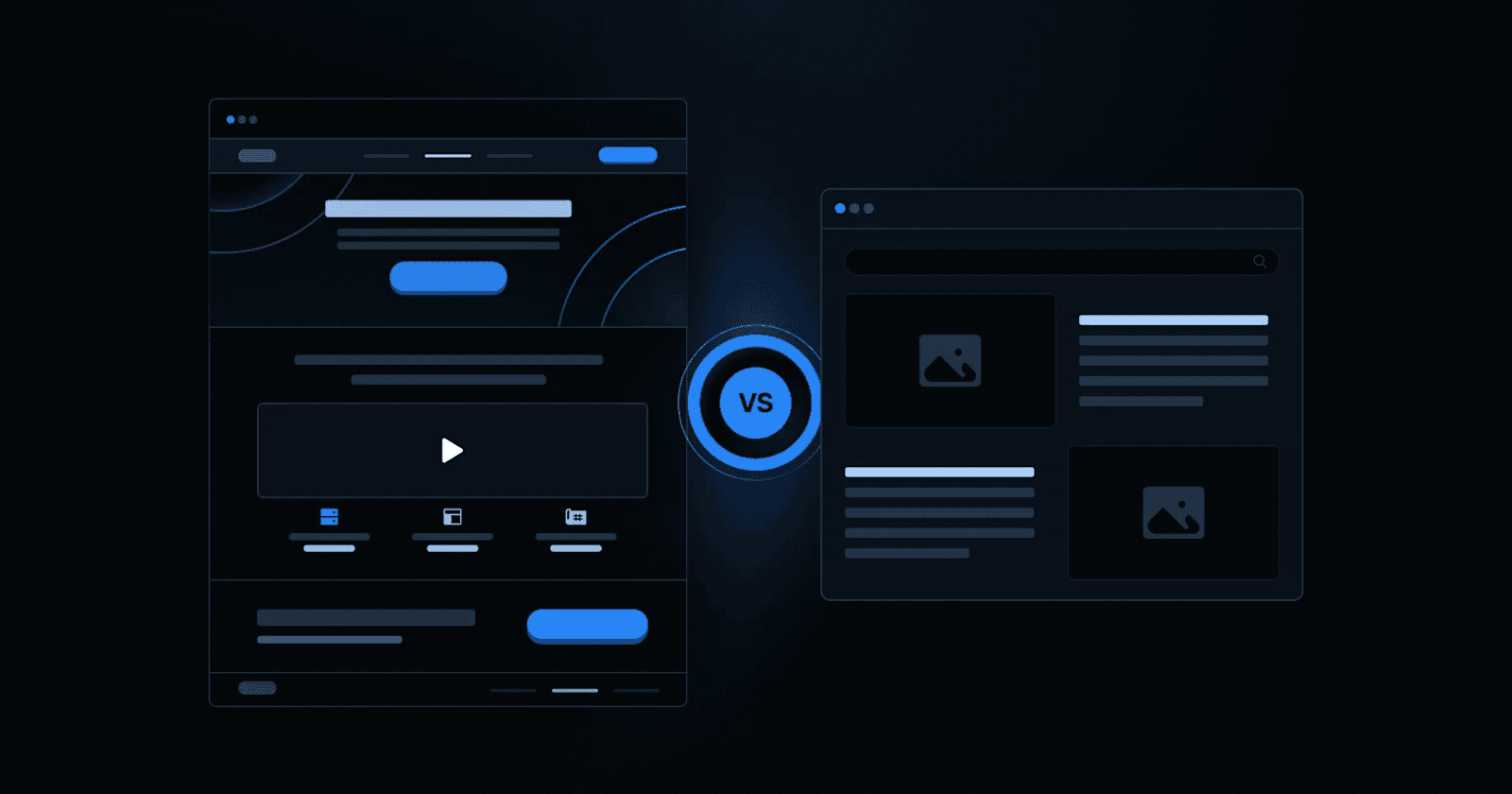 Comparison of two web layouts: video-focused on the left, image-focused on the right, with a "vs" indicator.
