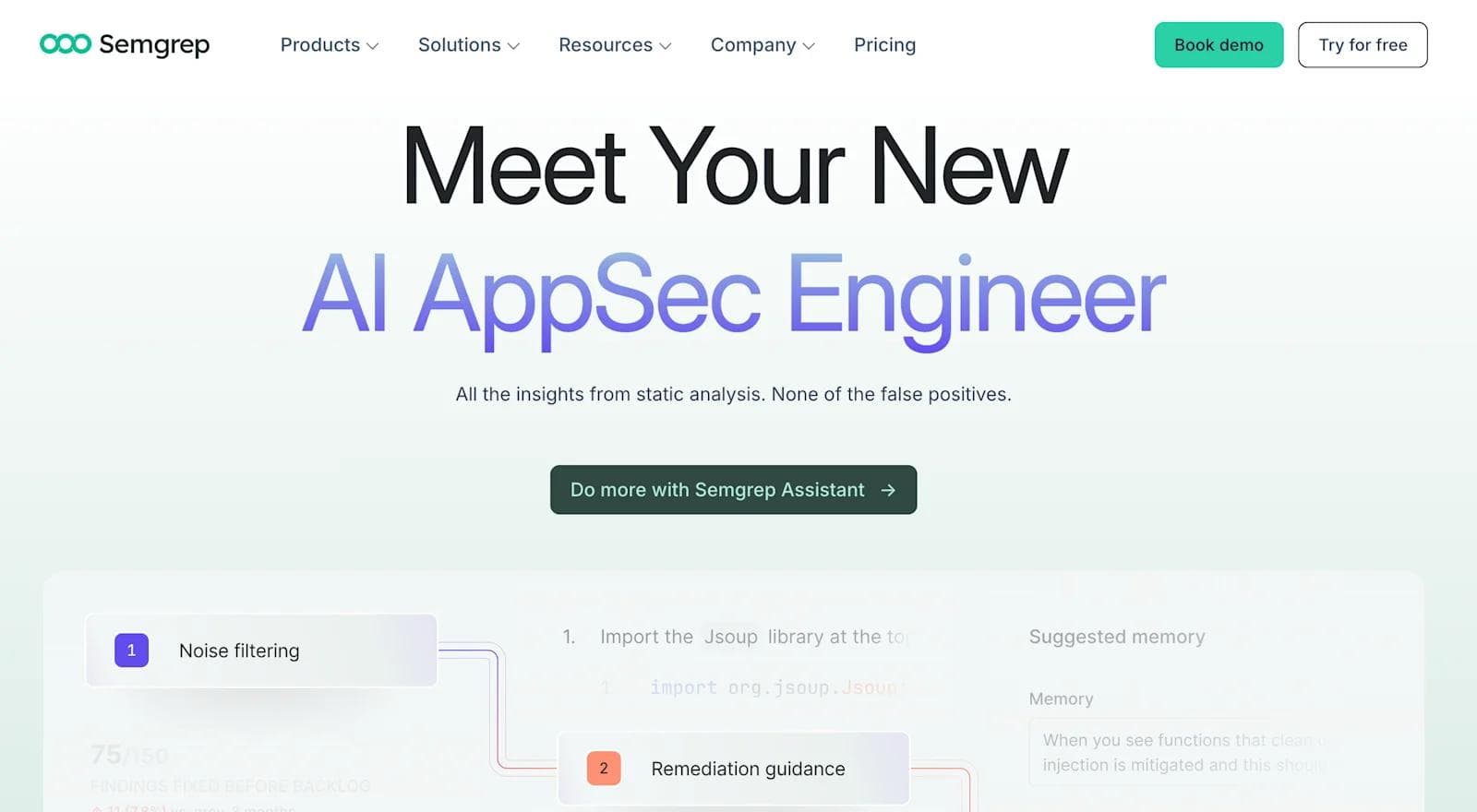 semgrep homepage Website banner for Semgrep featuring AI AppSec Engineer, highlighting static analysis insights and features.