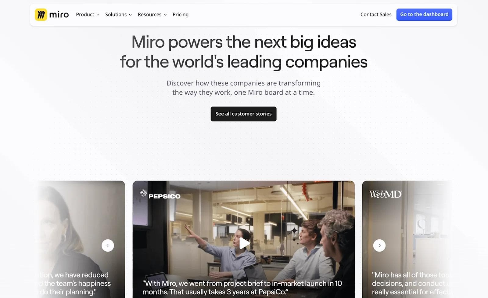 miro testimonials Miro's homepage showcasing how companies like PepsiCo and WebMD use it for collaborative productivity.