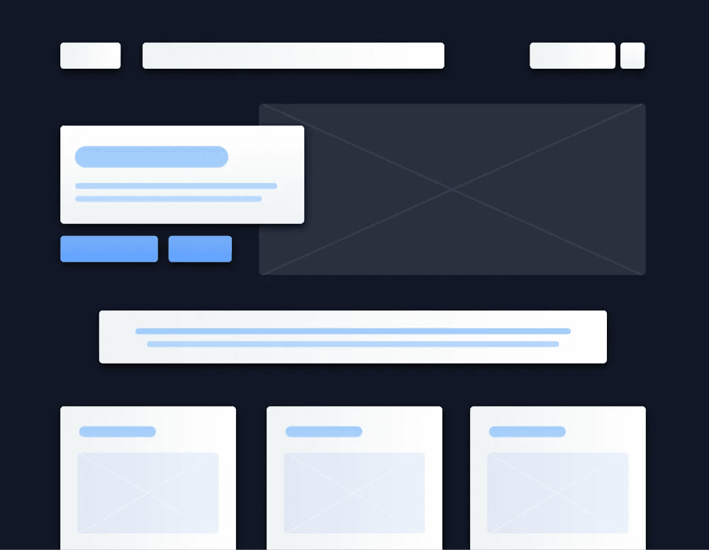 atomic-design-4 Design layout featuring placeholders for text, buttons, and image blocks on a dark background.