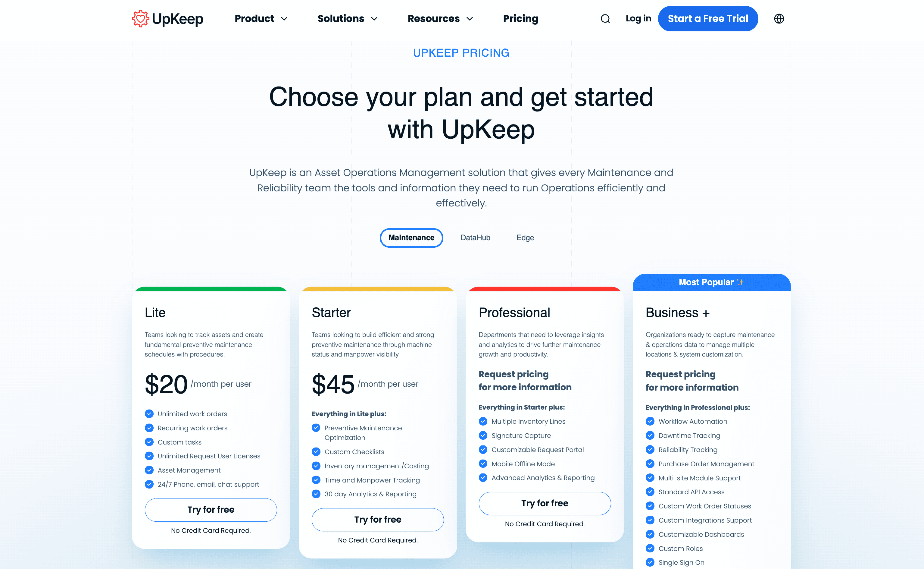 UpKeep pricing page showcasing plans: Lite, Starter, Professional, and Business + with features and monthly rates.