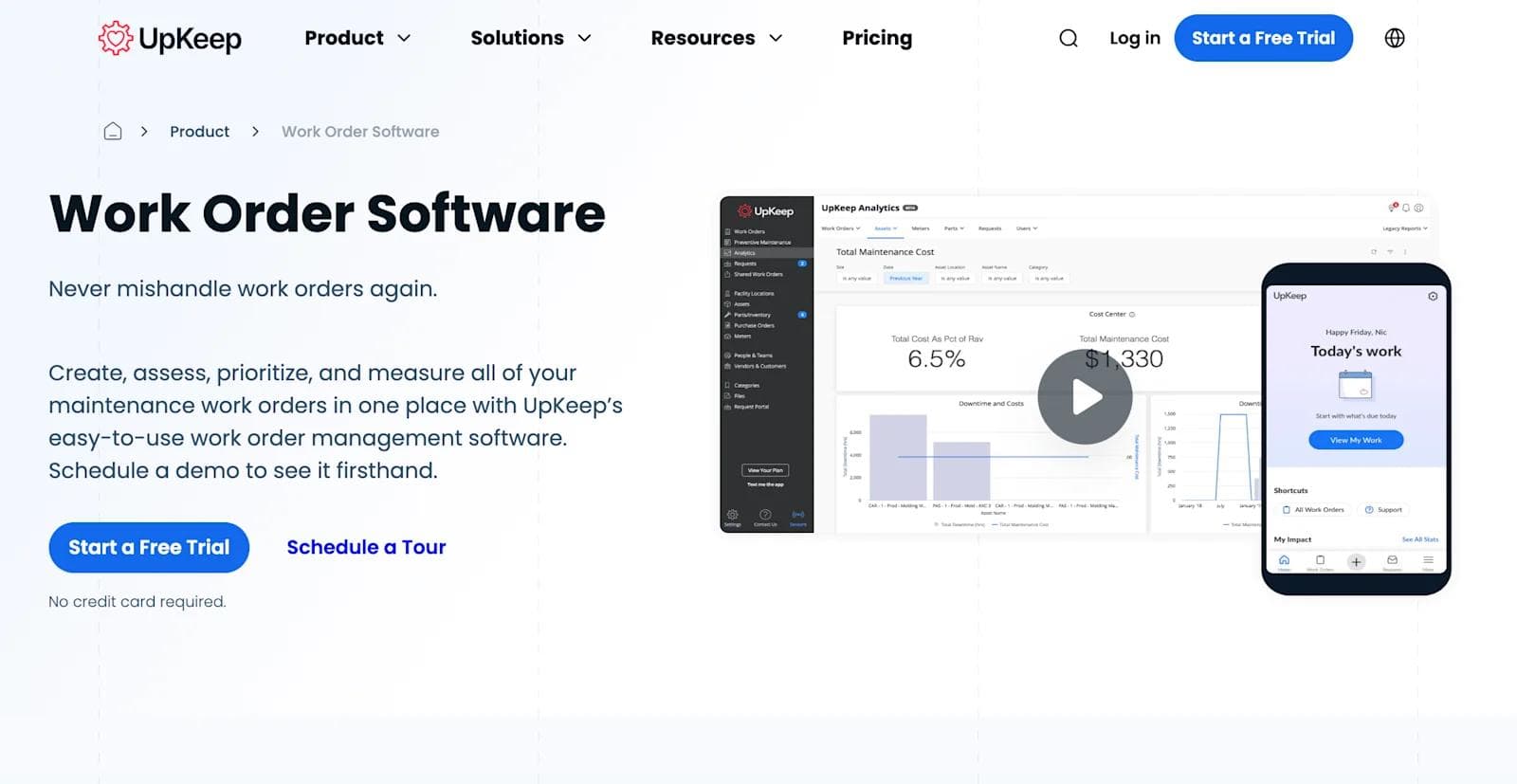 upkeep features UpKeep's work order software interface showcasing analytics, maintenance costs, and mobile task management features.