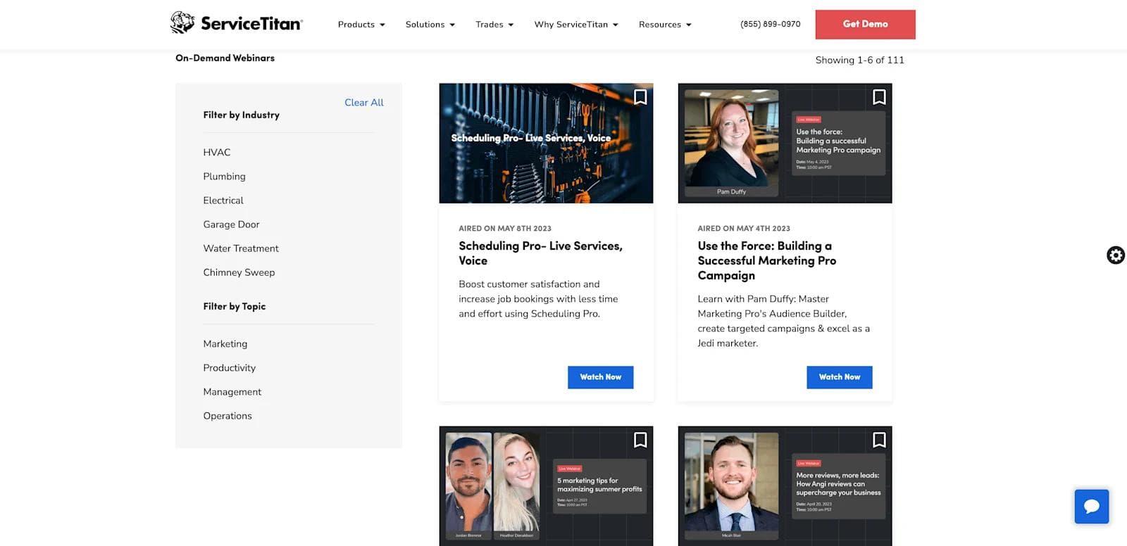 servicetitan-webinars A screenshot of ServiceTitan's Webinar's listing page.