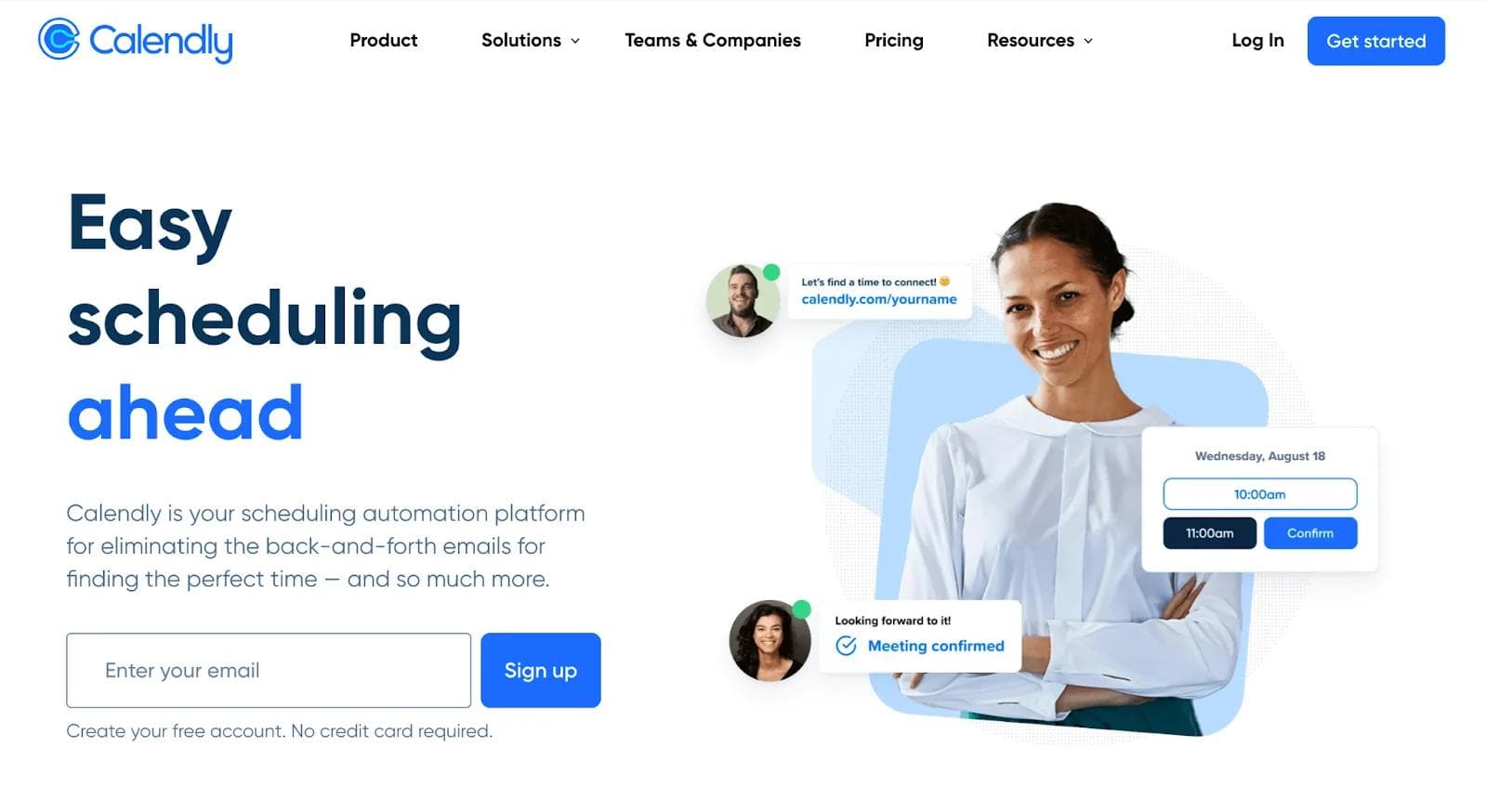 calendly-homepage-hero A smiling woman in a white shirt promotes Calendly's scheduling automation platform on a modern website.