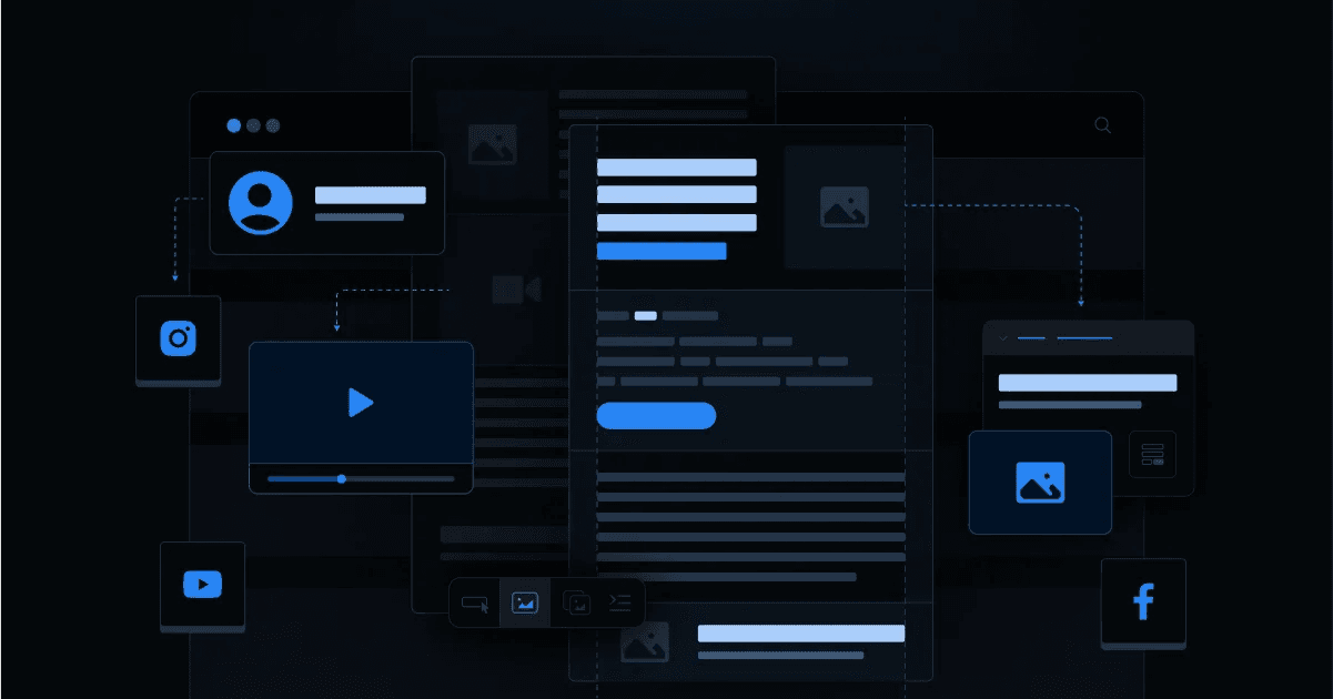 Abstract digital interface with dark background, featuring social media icons, text areas, and media controls.