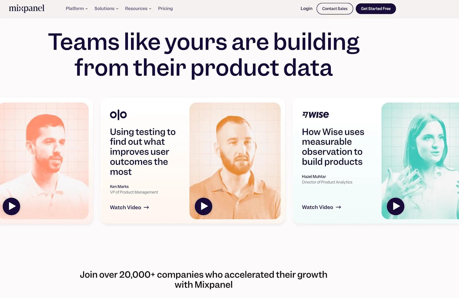 mixpanel testimonials Mixpanel webpage showcasing user testimonials and video insights on product data utilization.