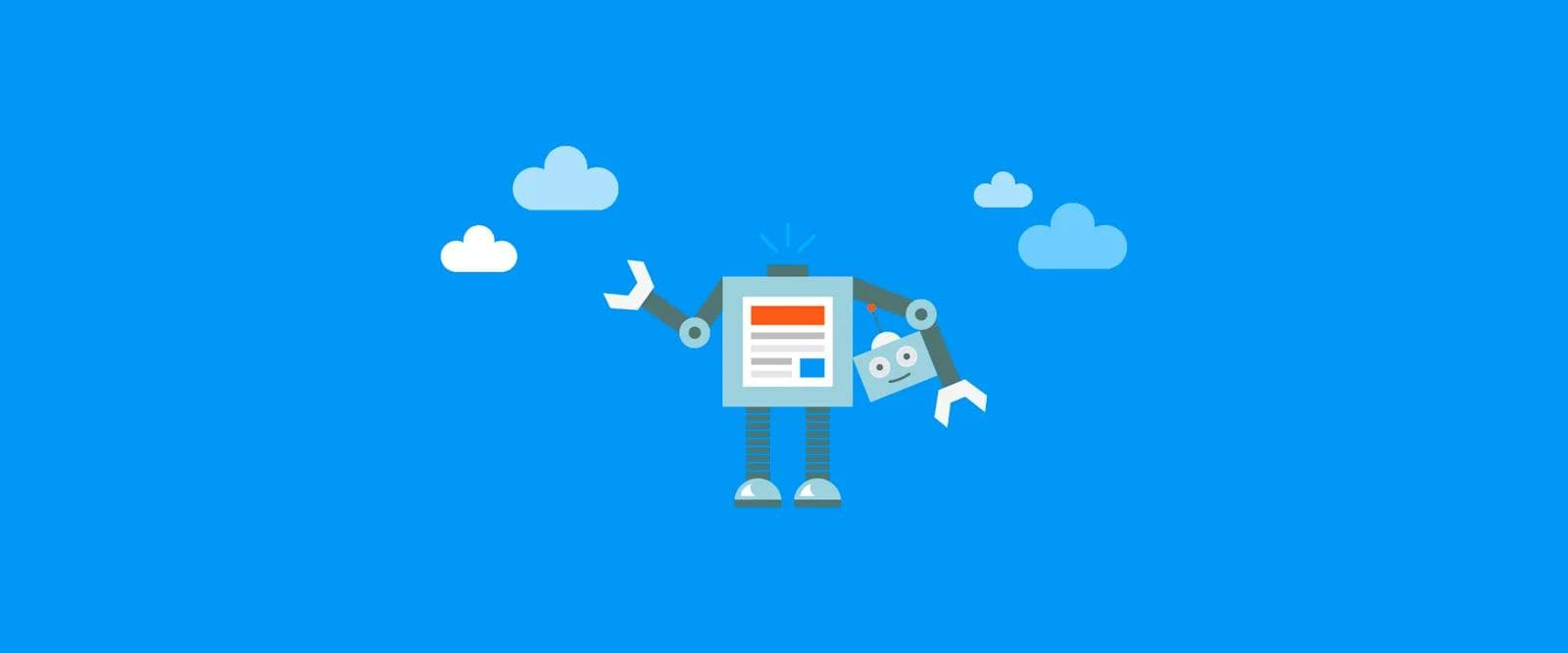 cloud-based-headless-cms A cartoon robot with a friendly face holding a smaller robot against a blue sky with white clouds.