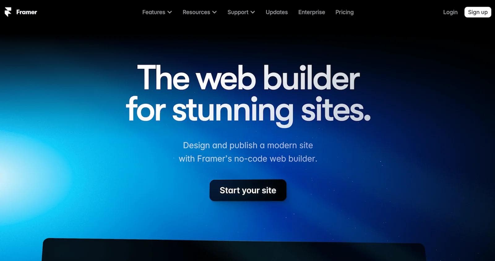 framer website Homepage of Framer, featuring a tagline about no-code web building and a 'Start your site' button.