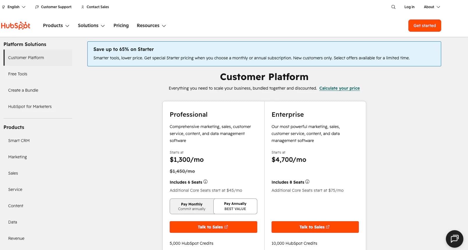HubSpot pricing page