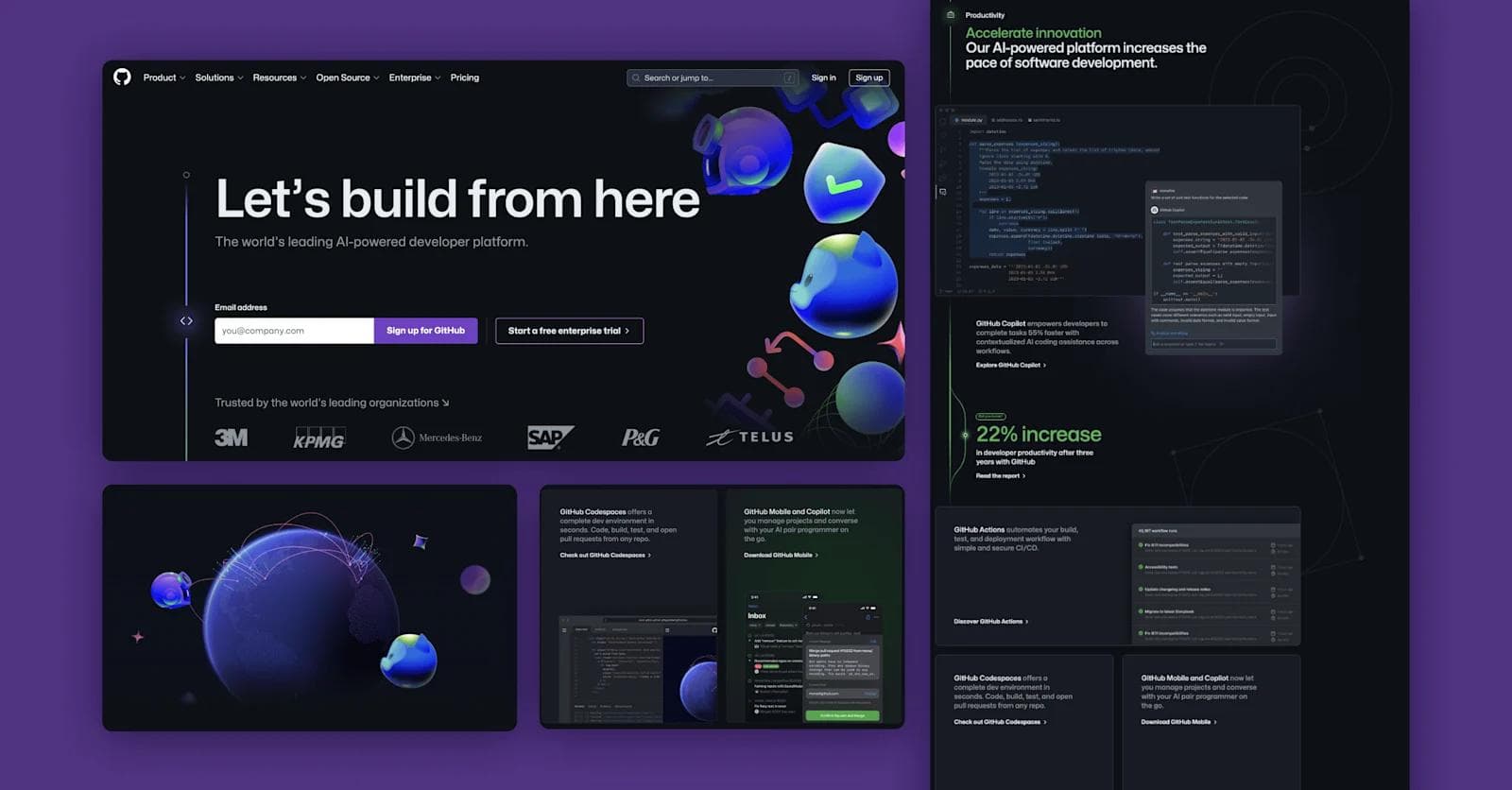 Github-Image Screenshot of a GitHub webpage showcasing AI features, productivity stats, and trusted company logos on a dark background.