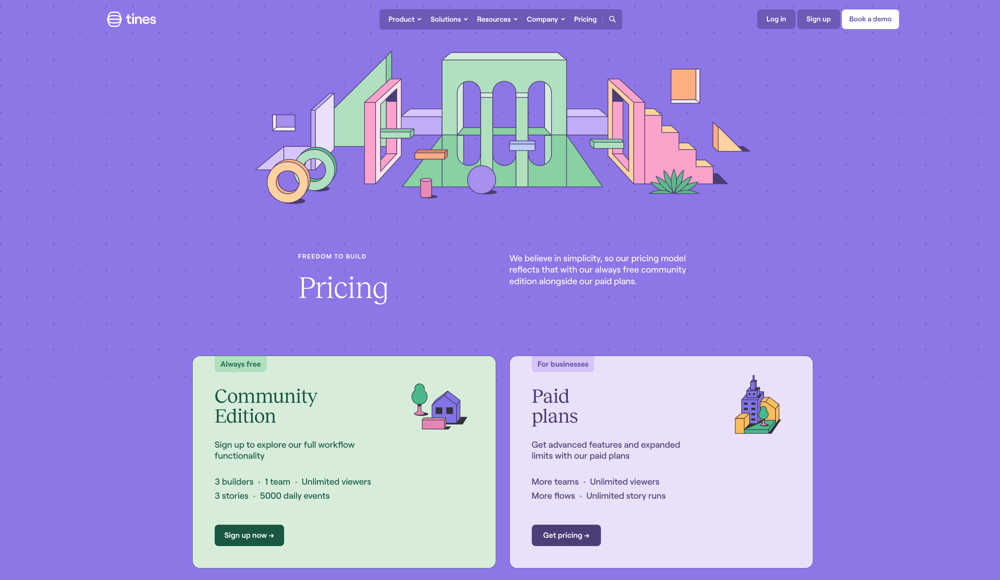 Pricing page featuring colorful illustrations, highlighting free community and paid plan options for a workflow tool.