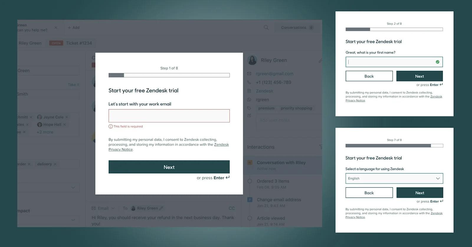 Zendesk Form Zendesk trial setup showing email field, name input, and language selection across multiple steps.