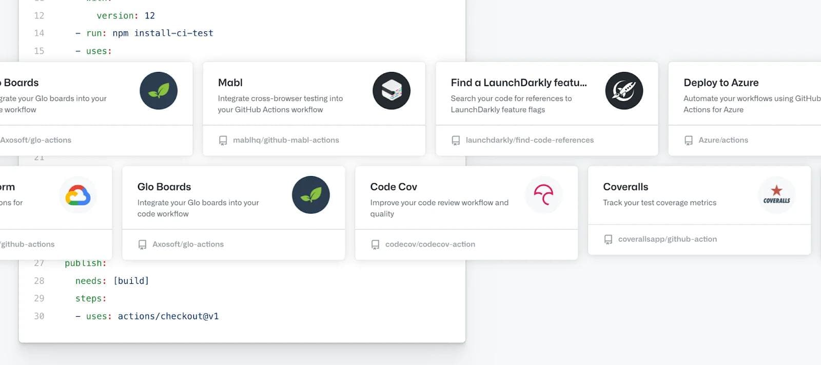 github-sliding-cards GitHub Actions interface displaying various integration options for testing, deployment, and code coverage metrics.