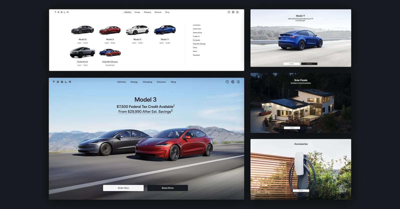 Tesla-Image Tesla website featuring models, solar panels, and accessories on a sleek, dark background.