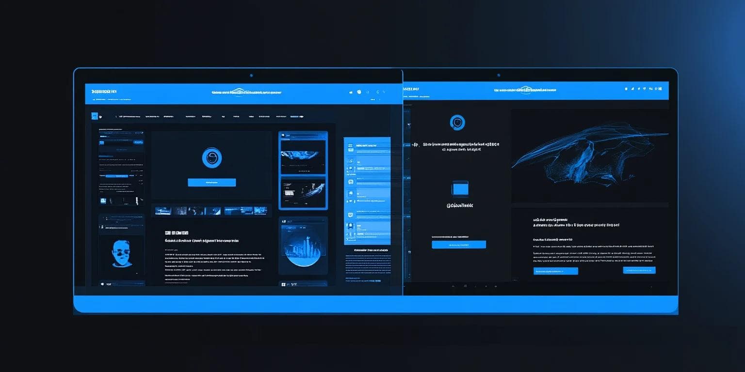 Two laptops displaying sleek, dark-themed user interfaces with blue accents and data visualizations.