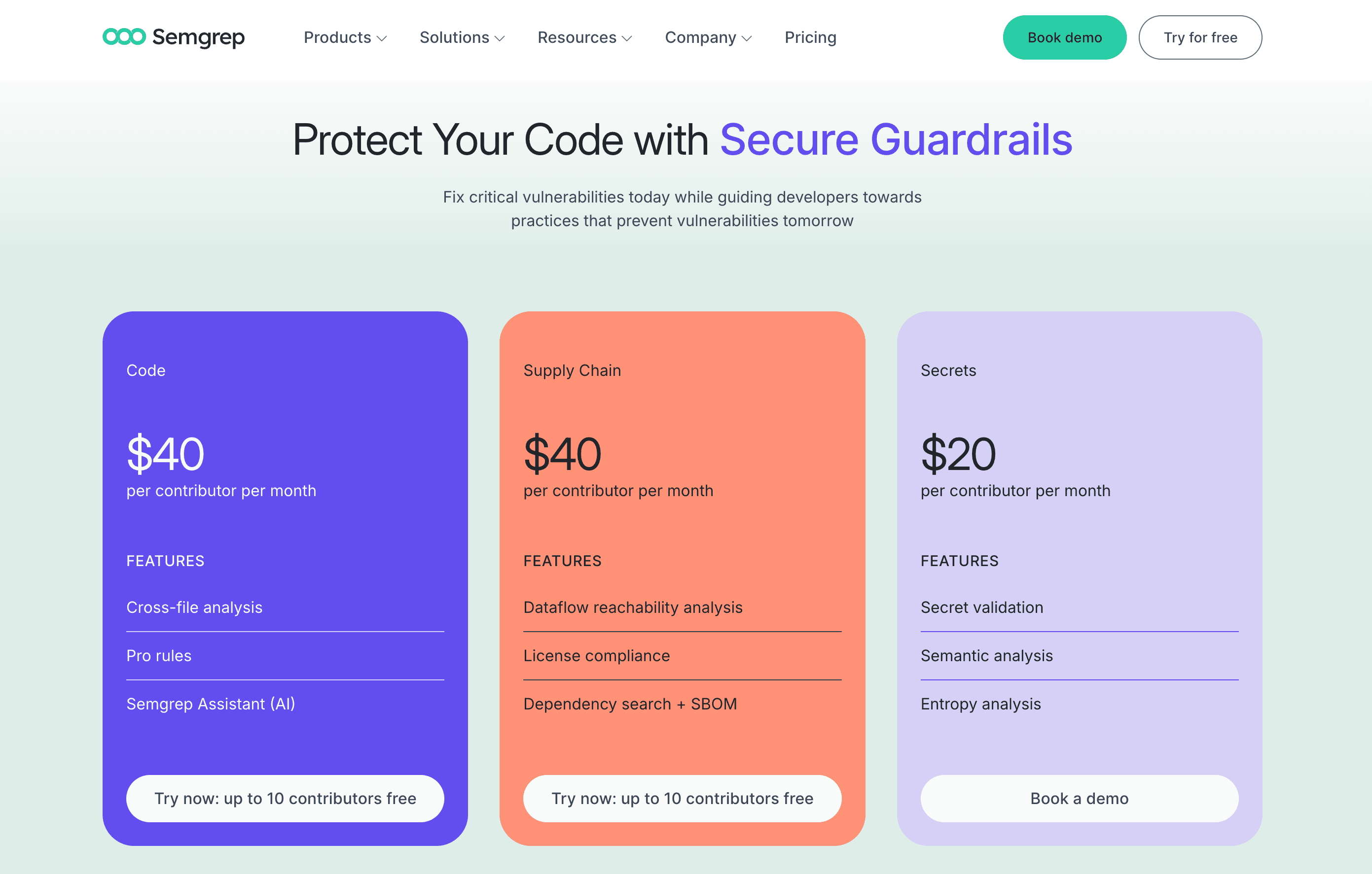 Semgrep pricing page featuring monthly plans for Code, Supply Chain, and Secrets with features listed.