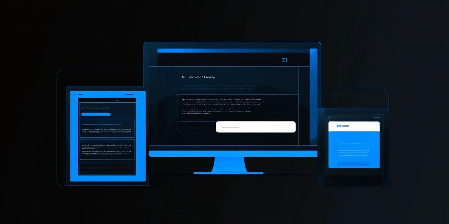 A digital interface displayed across three devices: a computer, tablet, and smartphone, against a dark background.
