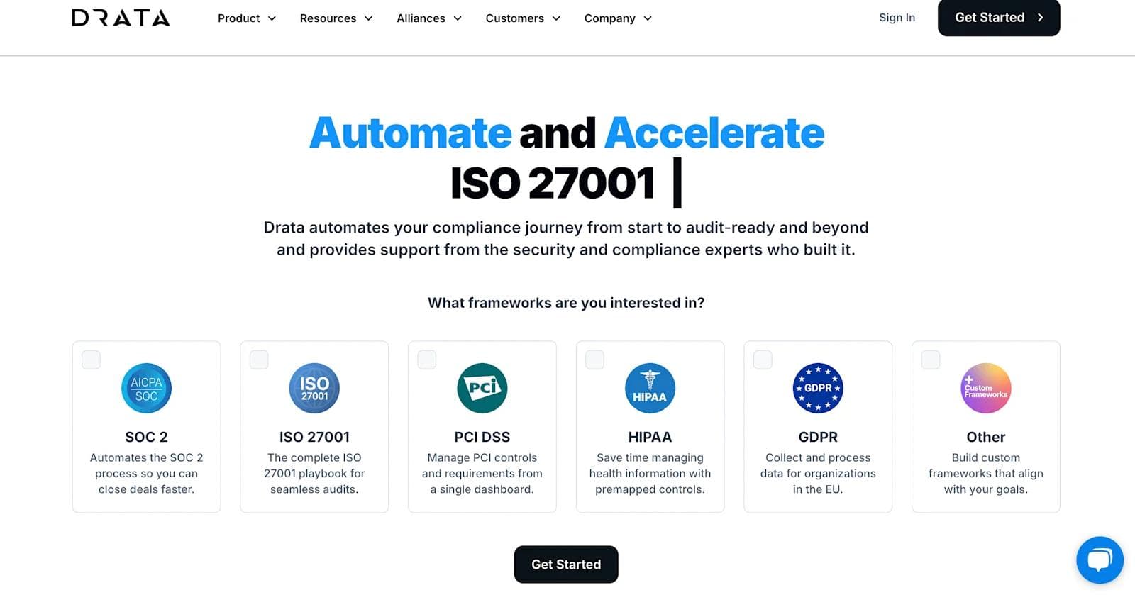 drata homepage Drata webpage highlighting automation for ISO 27001 compliance and other security frameworks.